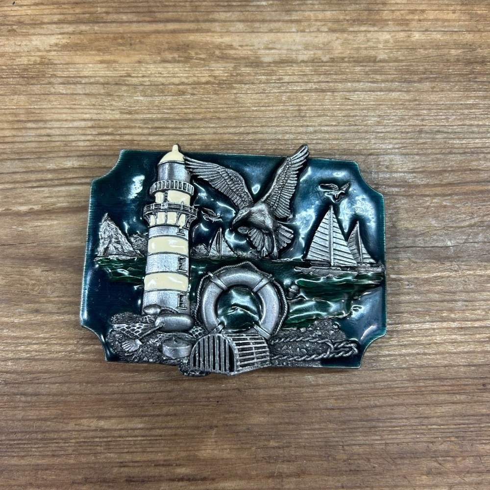 Vintage 1989 Siskiyou Buckle Co Inc Green Enamel and Pewter Nautical Belt Buckle